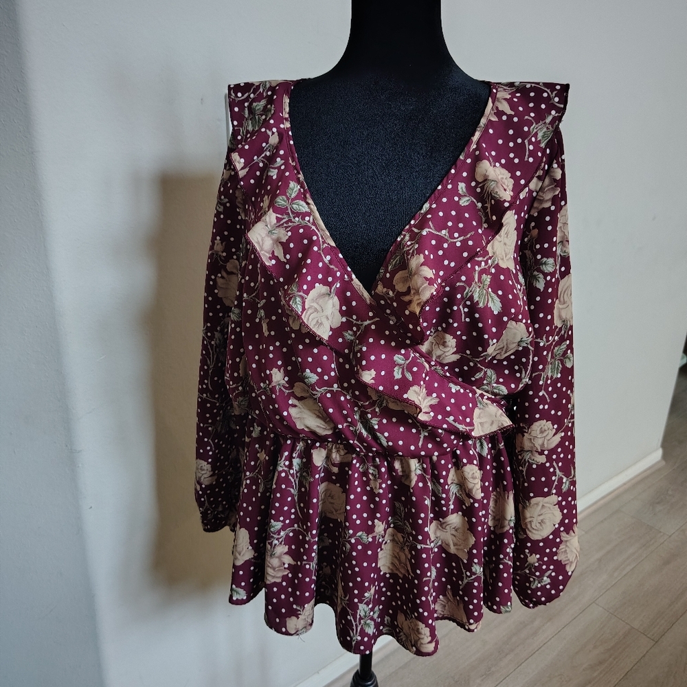 Jessy B Women’s Floral Wrap Peplum Blouse - Burgundy